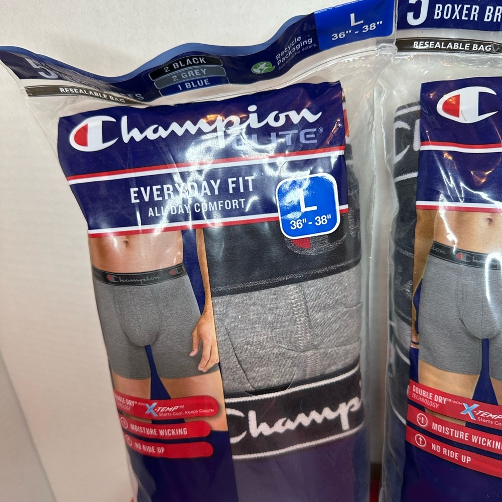 (2) Champion Elite Men's Boxer Briefs - Black, Gray, Blue size Large New in Bag - Picture 3 of 9